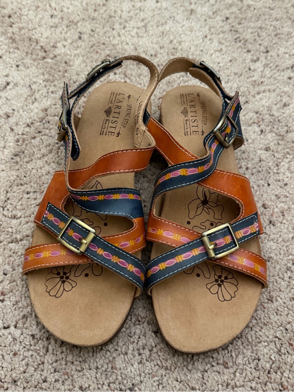 L'ATISTE Women's Tan and Navy adjustable Strap Sandals